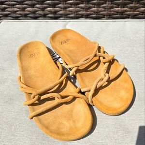 Zara Ochre Tan Brown 100% Geniune Leather Suede Straps Slides Size 8 8.5